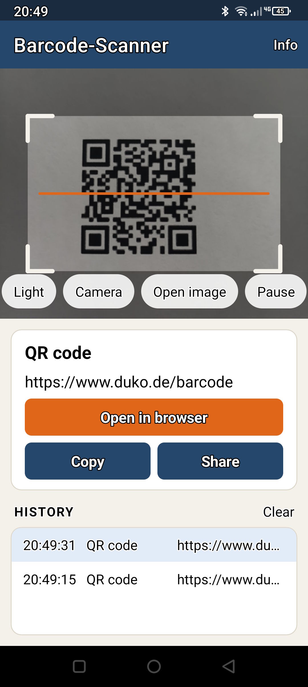 App with detected QR code